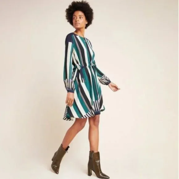 chinese dress ladies Anthropologie Dress Womens 0 Green Button Up Long Sleeve Belted White Striped